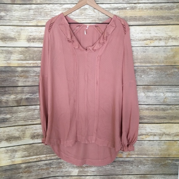 Free People Mauve Long Sleeve Ruffle Crochet Tunic Top Size Small - Picture 2 of 5